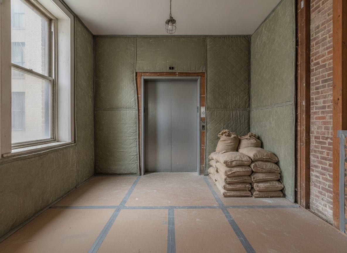 Rubble sacks stacked beside a padded freight elevator lobby with floor protection down