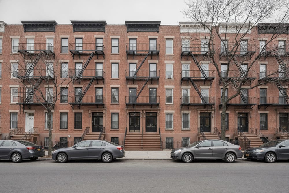A Harlem street of prewar brick walk-up buildings with stone stoops and fire escapes