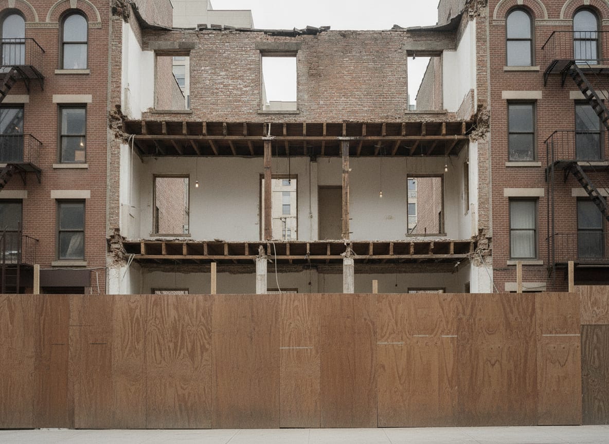 A partially demolished brick structure behind site hoarding, with neighbouring buildings intact either side